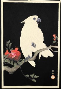 オウムとザクロ（カラー木版画） 作： Ohara Koson